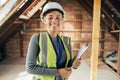 Architect woman, clipboard and happy on construction site in industry, planning and inspection. Engineer, architecture