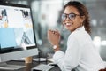 Architect woman at desk, computer screen or web design for construction firm or agency. Professional female creative Royalty Free Stock Photo