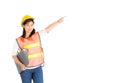 Architect woman working and pointing to the side on white background Royalty Free Stock Photo