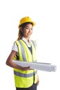 Architect woman with yellow helmet and plans Royalty Free Stock Photo