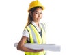 Architect woman with yellow helmet and plans Royalty Free Stock Photo