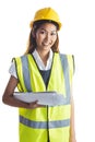 Architect woman with yellow helmet and plans Royalty Free Stock Photo