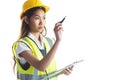 Architect woman with yellow helmet and plans Royalty Free Stock Photo