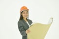 Architect woman wearing colorful helmet looking blue print for work in whitre background