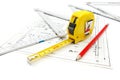 Architect work tools equipment on blueprint construction with measuring tape, pencil and wooden ruler Royalty Free Stock Photo