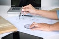 Architect working on blueprint, Engineer working with engineering tools for architectural project on workplace, Construction Royalty Free Stock Photo