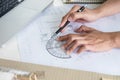 Architect working on blueprint, Engineer working with engineering tools for architectural project on workplace, Construction Royalty Free Stock Photo