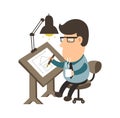 Architect working on desk. House project. draftsman flat illustration character design. Royalty Free Stock Photo