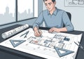 An architect is working on a detailed floor plan at a drafting table. The scene includes blueprints Royalty Free Stock Photo