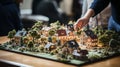Architect Working On A Small Scale Model of a Housing Development Design On a Table In A Real Estate Office. Generative AI