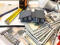 Architect workplace top view. Architectural project, blueprints, blueprint rolls on table. Construction background