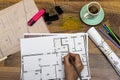 Architect workplace top view. Architectural project, blueprints, blueprint rolls on table. Construction background. Engineering to Royalty Free Stock Photo