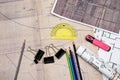 Architect workplace top view. Architectural project, blueprints, blueprint rolls on table. Construction background. Engineering Royalty Free Stock Photo