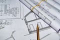 Architect workplace top view. Architectural project, blueprints, blueprint rolls on table. Construction background. Engineering Royalty Free Stock Photo