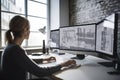 An architect works on a computer on a project of a modern building while working in the office