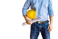 Architect and yellow hard hat on white background with clipping path,isolated Royalty Free Stock Photo