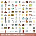 100 architectonics icons set, flat style