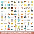 100 architectonics mastery icons set, flat style