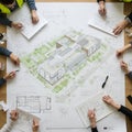 Architects collaboratively work on a detailed architectural blueprint featuring Royalty Free Stock Photo