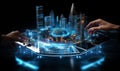 Architects with 3d building hologram sketch and digital tablet, future technologies.
