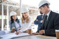 Architects in formal wear working with blueprints at construction area Royalty Free Stock Photo