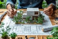 Architects working with blueprint and mockup house. Generative AI Royalty Free Stock Photo