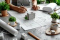 Architects working with blueprint and mockup house. Generative AI Royalty Free Stock Photo