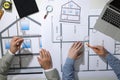 Architects working with construction drawings at table, top view Royalty Free Stock Photo