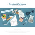 Architects workplace with architectural tools, blueprints, ruler, calculator, divider compass. Construction concept