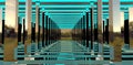 architectural abstraction. Mirror glass columns. Illumination from above with turquoise light. View from a futuristic building on