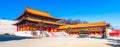 Architectural appearance of the Lingbao temple in Hunchun, China, in the northern province of Jilin