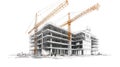 High-rise building under construction with cranes and scaffolding, architectural drawing Royalty Free Stock Photo