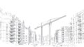 Construction of residential buildings with crane, architectural sketch Royalty Free Stock Photo