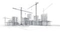 Construction Site Sketch Cranes and Buildings Blueprint with Cityscape Development Royalty Free Stock Photo