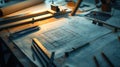 Architectural Blueprint on Drafting Table with Tools and Technical Drawings Royalty Free Stock Photo