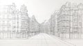 Wireframe Sketch of European City Street with Ornate Buildings Royalty Free Stock Photo