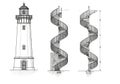 Architectural blueprint featuring a lighthouse and a spiral staircase design. The Royalty Free Stock Photo