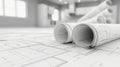 Architectural blueprint roll with technical project drawing for architectural plan Royalty Free Stock Photo