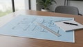Architectural Blueprint with a Ruler on a Wooden Desk Royalty Free Stock Photo