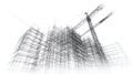 Skyscraper Architectural Blueprint Draft with Cranes on White Background Royalty Free Stock Photo