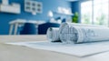 Architectural blueprint on table, detailed design plan for construction project visualization Royalty Free Stock Photo