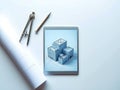 Architectural Blueprint on Tablet with Rolled Plans and Compass Royalty Free Stock Photo