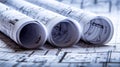 Architectural blueprint and technical project drawing on rolled paper for precise planning Royalty Free Stock Photo