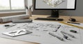 Architectural Design Workspace with Blueprints and 3D Model Royalty Free Stock Photo