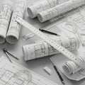 Architectural blueprints and drafting tools are arranged on a table. Several rolled-up Royalty Free Stock Photo