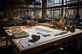 Architectural Blueprints and Drafting Tools on a Clean Wooden Table in a Modern Office