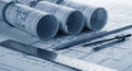 Architectural Blueprints with Drafting Tools Including Ruler Compass and Pencil architectural drawings Royalty Free Stock Photo