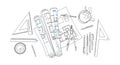 Architectural Blueprints with Drawing Tools and Coffee Cup on White Background Royalty Free Stock Photo