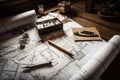 architectural blueprints and plans on wooden table, with tools and materials nearby