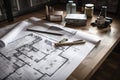 architectural blueprints and plans on wooden table, with tools and materials nearby